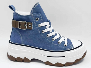 Scarpe comfort da donna blu con fibbia artigianale di alta qualità, splendidamente stampate a iniezione, dal taglio alto